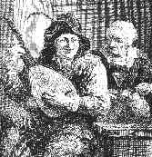 Lutenist in wilde outfit, his grandmother bringing wine